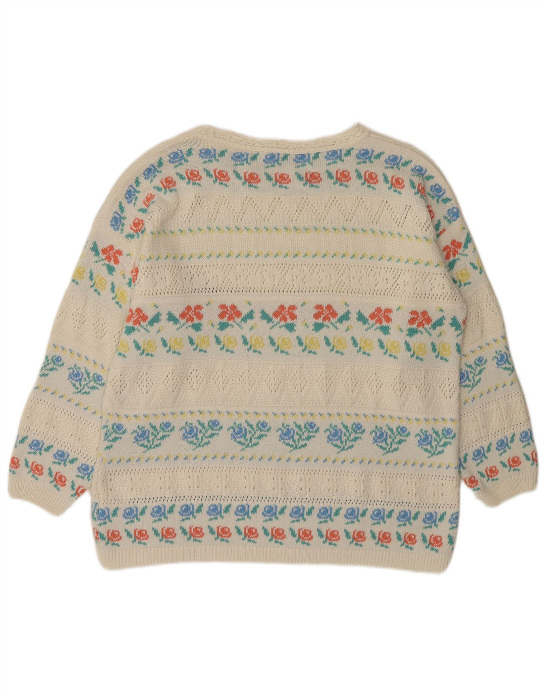 VINTAGE Damen-Pullover mit U-Boot-Ausschnitt, IT 46, großes weißes Blumen-Acryl