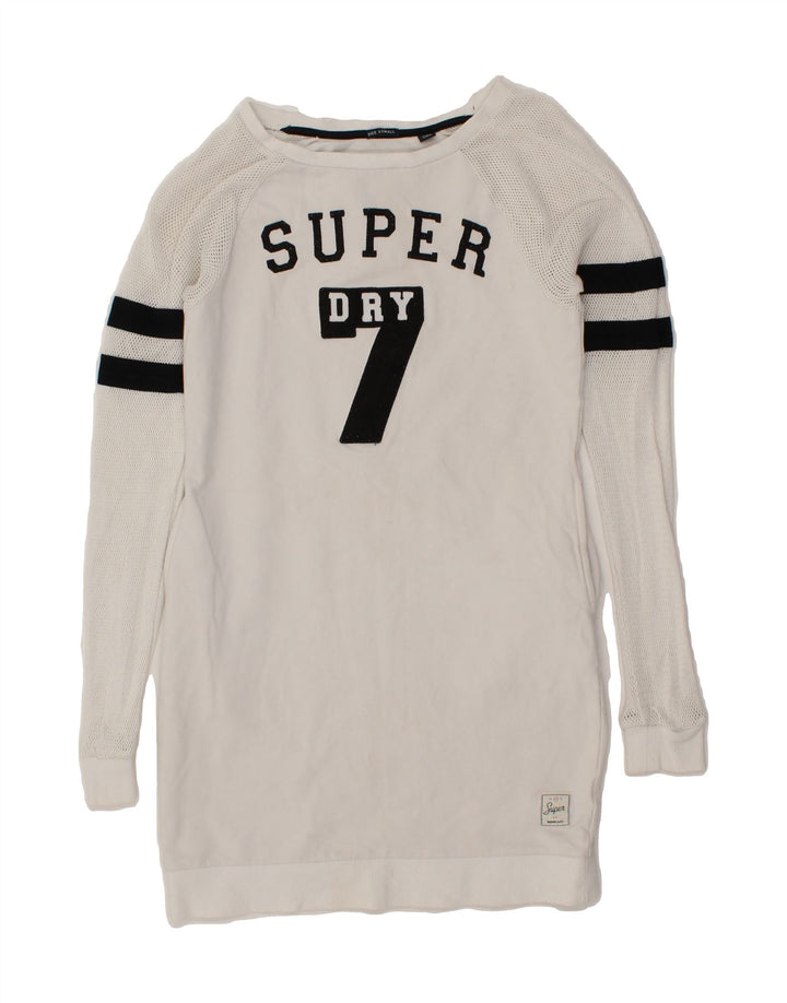 SUPERDRY Womens Longline Graphic Sweatshirt Jumper UK 10 Small White Vintage Superdry and Second-Hand Superdry from Messina Hembry 
