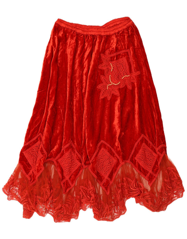 Vintage Damen Samt Asymmetrischer Rock W30 Mittelrote Viskose mit Blumenmuster