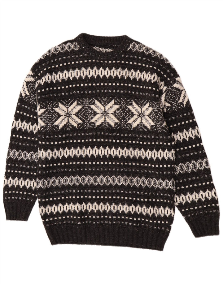 Vintage Herren Pullover mit Rundhalsausschnitt, groß, Schwarz, Fair Isle