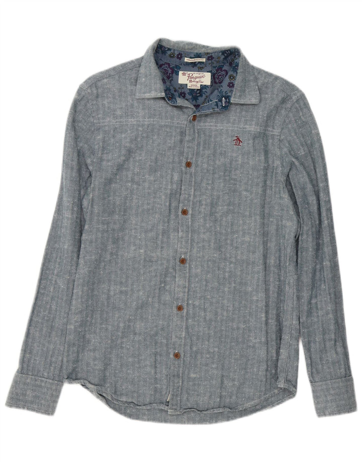 Penguin Herren Heritage Slim Fit-Hemd aus mittelblauer Herringbone-Baumwolle