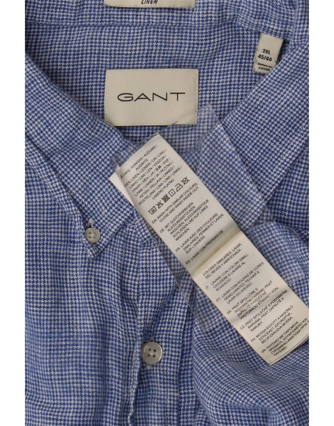 GANT Herren Kurzarmhemd Größe 45/46 2XL Blaues Hahnentritt-Leinen