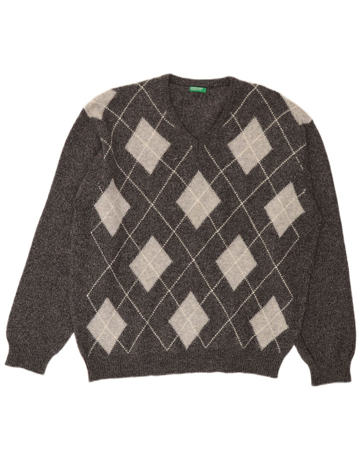 BENETTON Herren-Pullover mit V-Ausschnitt, groß, graue Argyle-/Diamantwolle