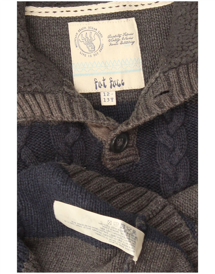 Fat Face Jungen-Pullover mit Knopfkragen, 12–13 Jahre, grau gestreift, Baumwolle