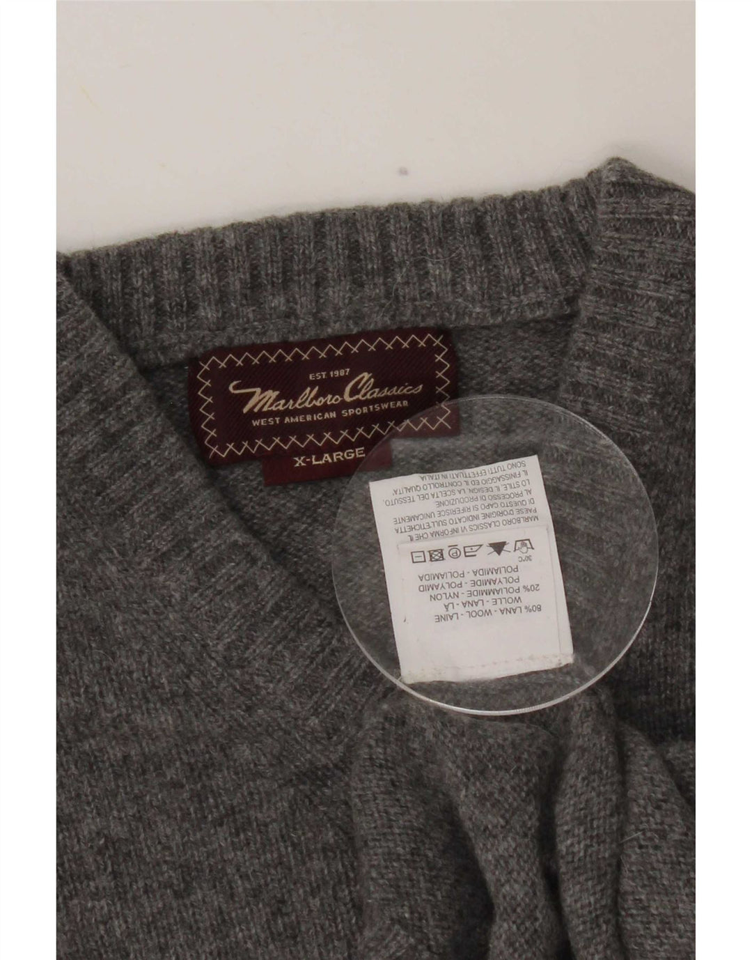 Marlboro Classics Damen-Pullover mit V-Ausschnitt, XL, graue Wolle