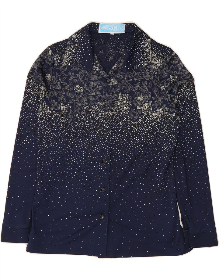 VINTAGE Womens Shirt IT 42 Medium Navy Blue Floral Polyester Vintage Vintage and Second-Hand Vintage from Messina Hembry 