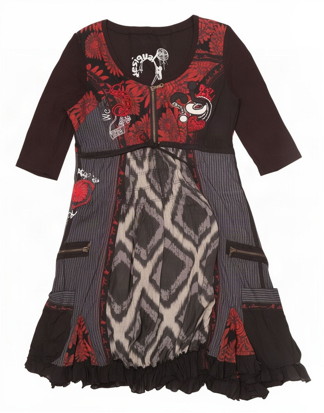 Desigual Damen Empire-Kleid EU 42 Große schwarze Patchwork-Baumwolle