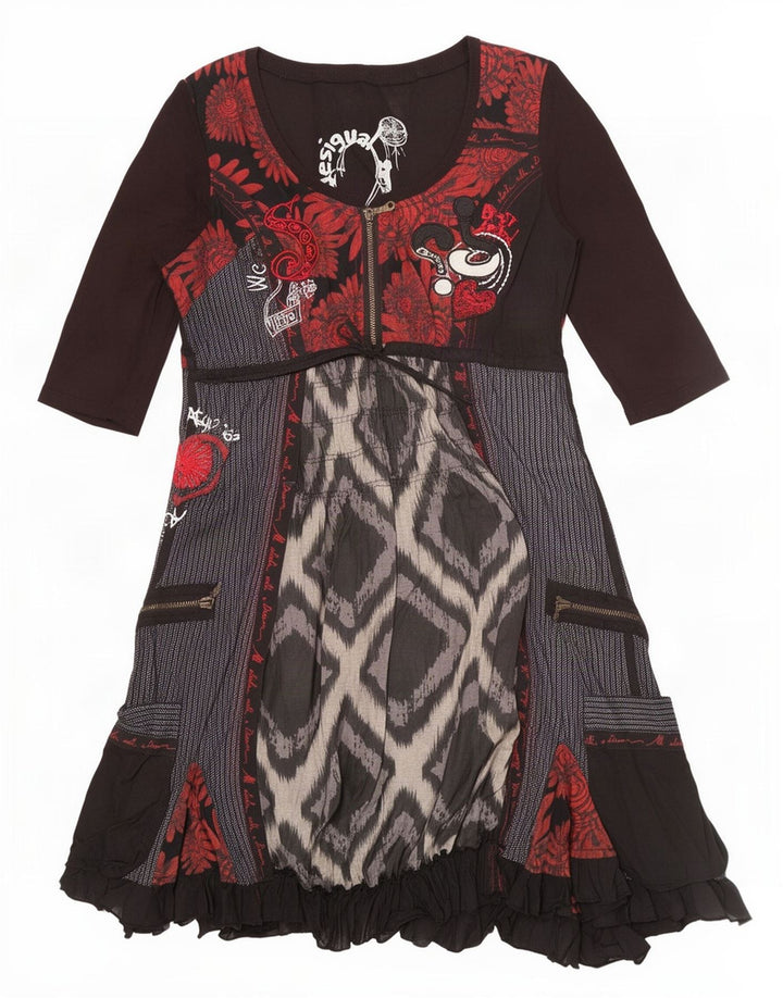 Desigual Damen Empire-Kleid EU 42 Große schwarze Patchwork-Baumwolle