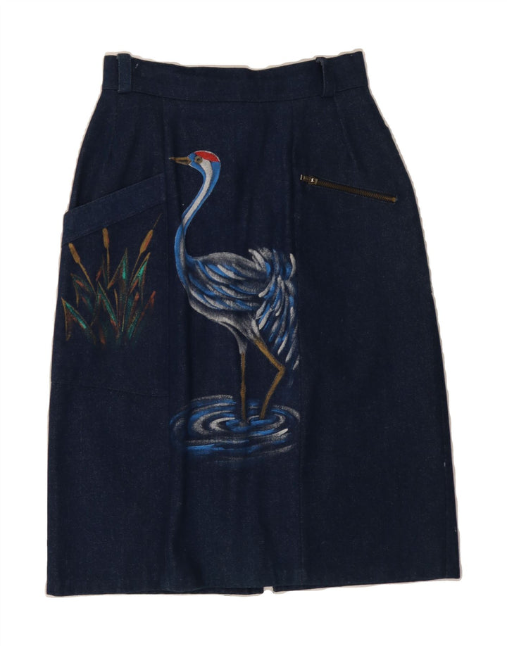 VINTAGE Womens Graphic Denim Skirt W26 Small Navy Blue Vintage Vintage and Second-Hand Vintage from Messina Hembry 