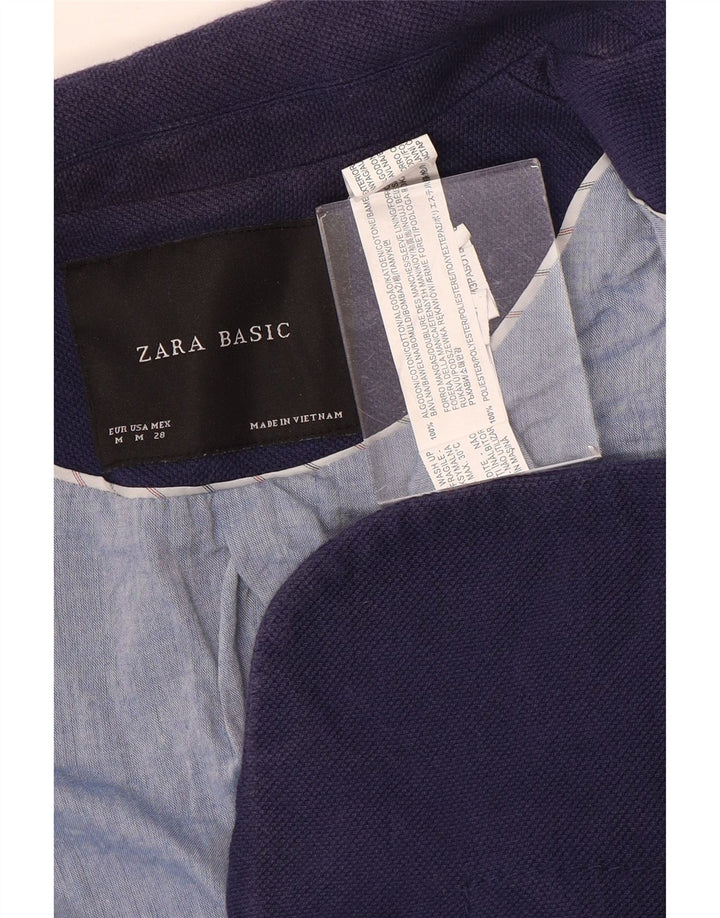 Zara Damen Crop 1-Knopf-Blazerjacke UK 12 Mittelmarineblaue Baumwolle