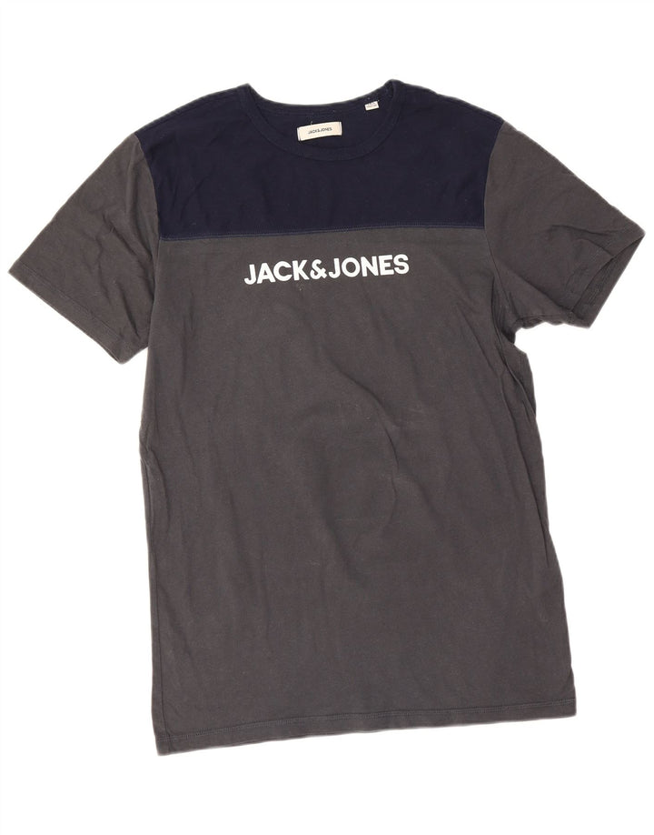 Jack & Jones Herren Grafik-T-Shirt-Oberteil aus mittelgrauer Colourblock-Baumwolle