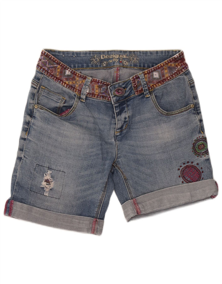 Desigual Damen Distressed Denim Shorts W32 Large Blue Geometrisch
