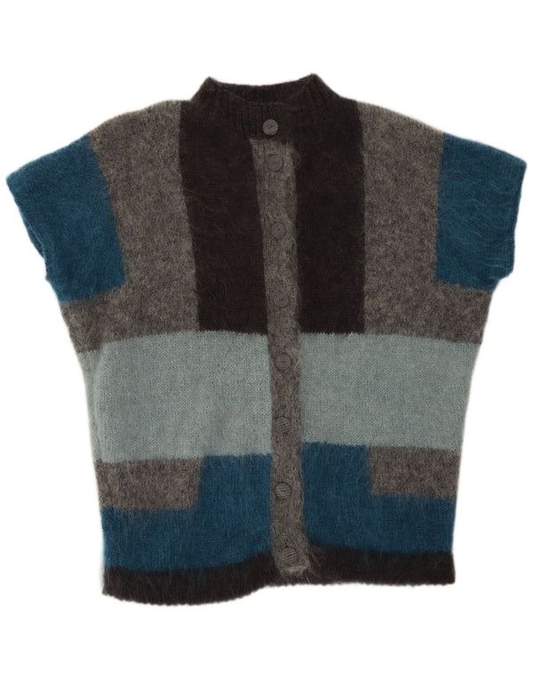 Vintage Damen Kurzarm-Cardigan-Pullover UK 22 3XL Grauer Farbblock