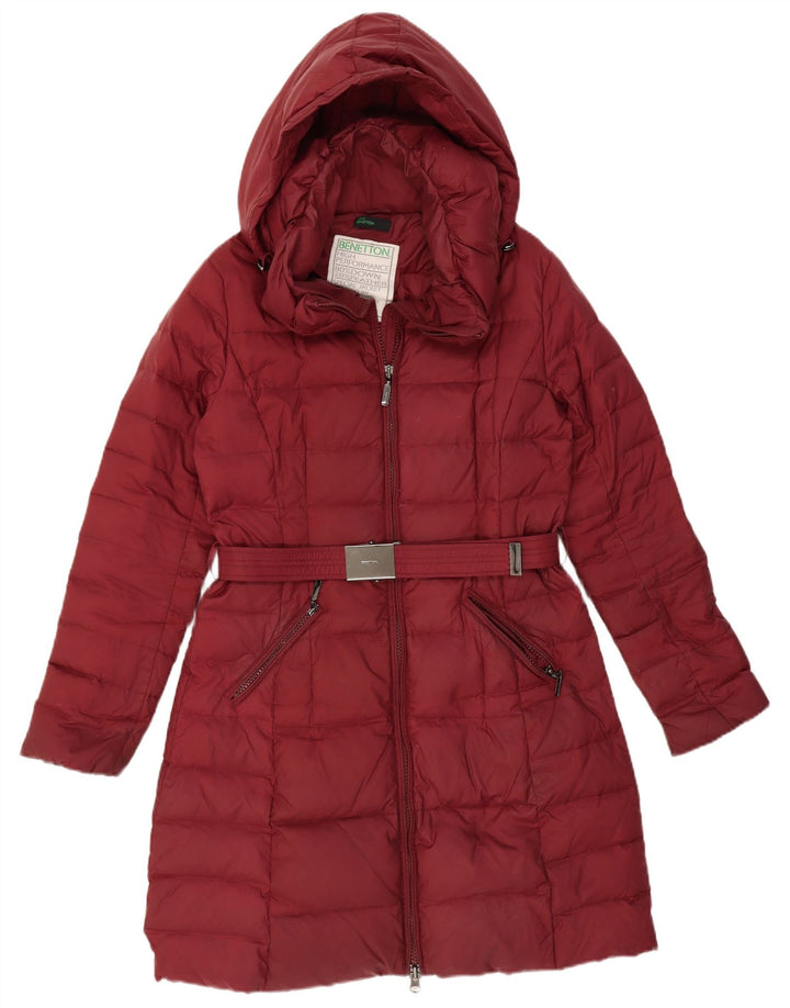 BENETTON Womens Hooded Padded Coat UK 12 Medium Burgundy Polyamide