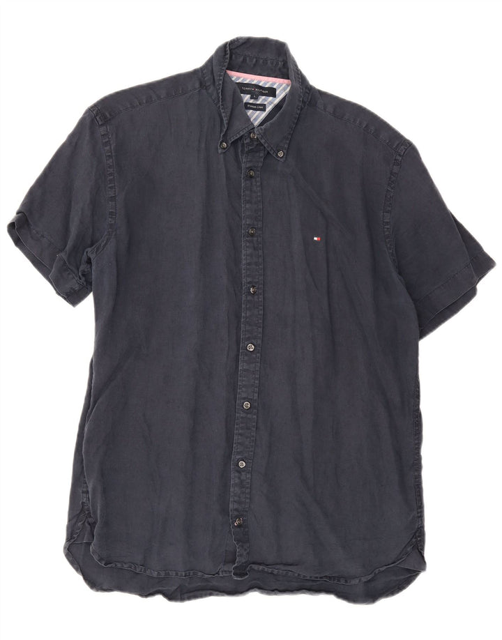Tommy Hilfiger Herren-Kurzarmhemd, groß, marineblaues Leinen