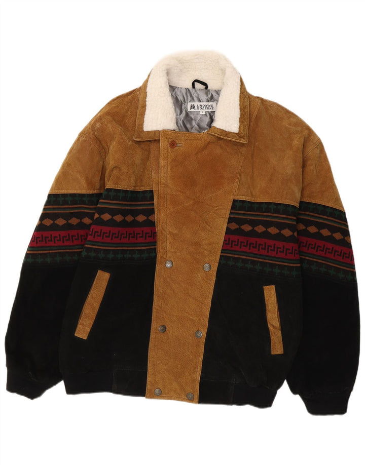 L'Homme Moderne Herren Bomber Windjacke UK 40 Large Brown Aztec