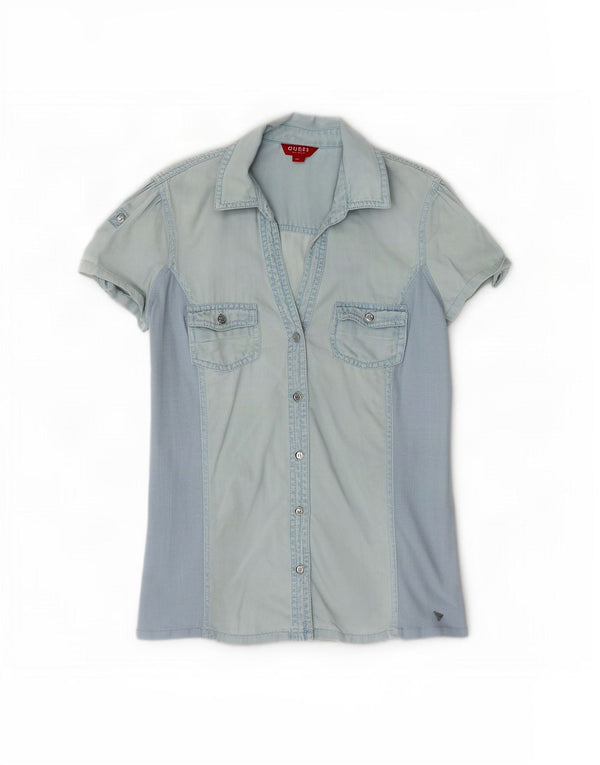 Guess Damen Kurzarm-Jeanshemd UK 12 Mittelblaues Tencel