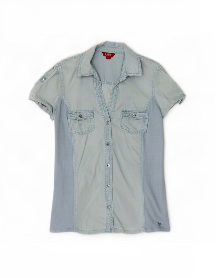 Guess Damen Kurzarm-Jeanshemd UK 12 Mittelblaues Tencel