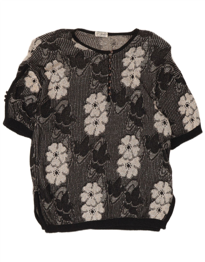 Vintage Damen-Pullover mit Knopfkragen, Gr. 14, mittelschwarz, geblümt