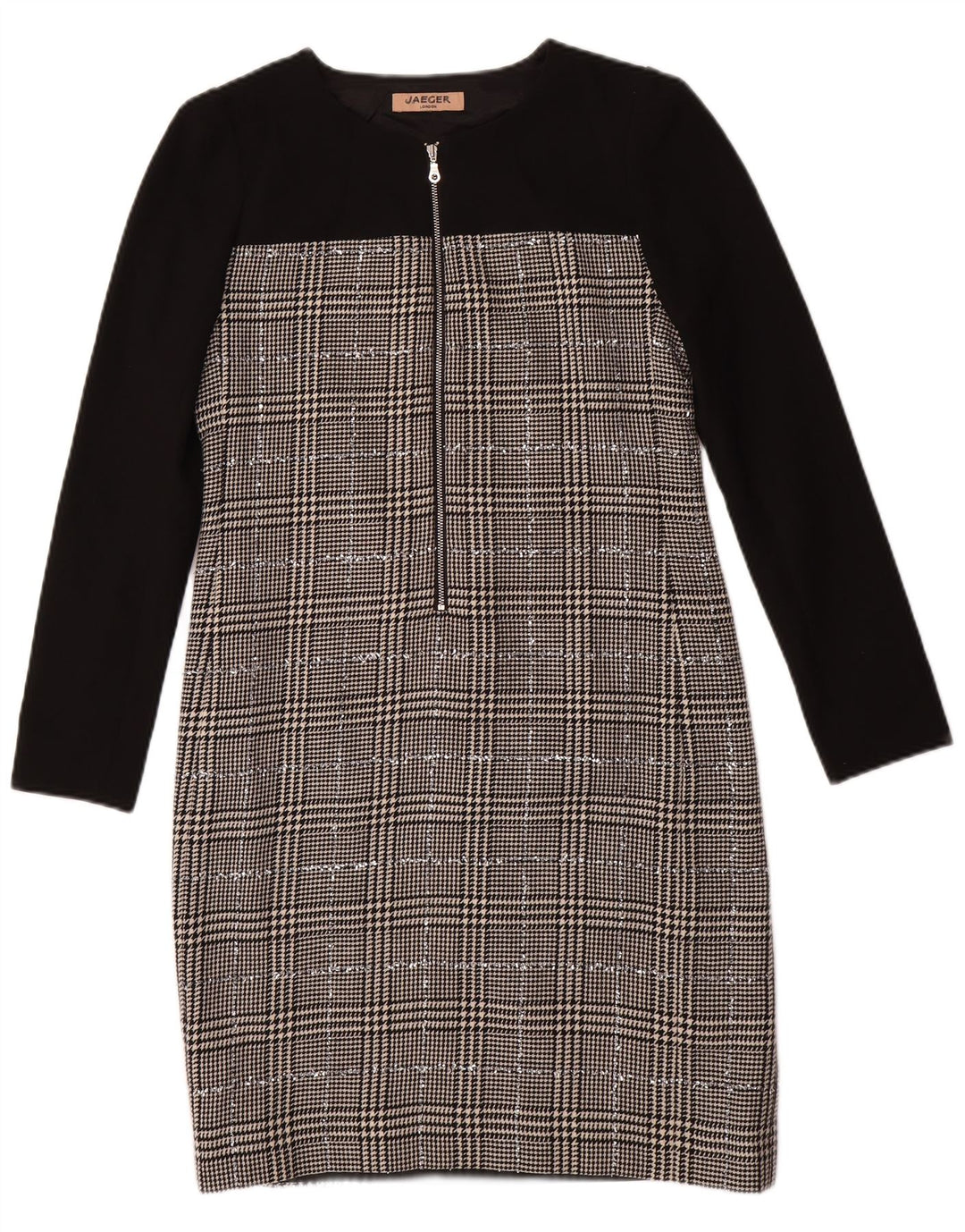 JAEGER Damen-Etuikleid mit langen Ärmeln, Gr. 8, Größe S, schwarze Wolle mit Hahnentrittmuster