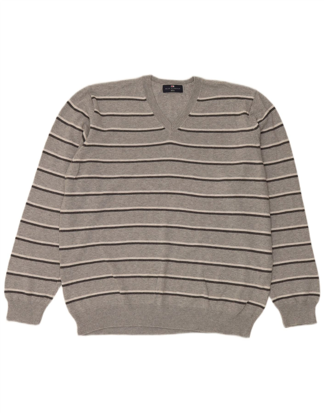 Marks & Spencer Herren Blue Harbor V-Ausschnitt Pullover Pullover XL Grau gestreift