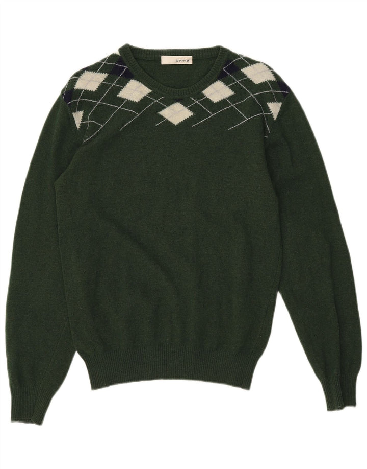 Berna Herren-Pullover mit U-Boot-Ausschnitt, mittelgrüne Argyle-/Diamantwolle