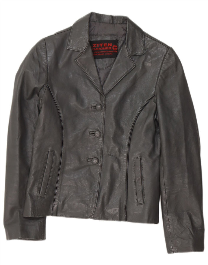 Vintage Damen Crop 3 Knopf Leder Blazer Jacke UK 8 Kleines graues Leder