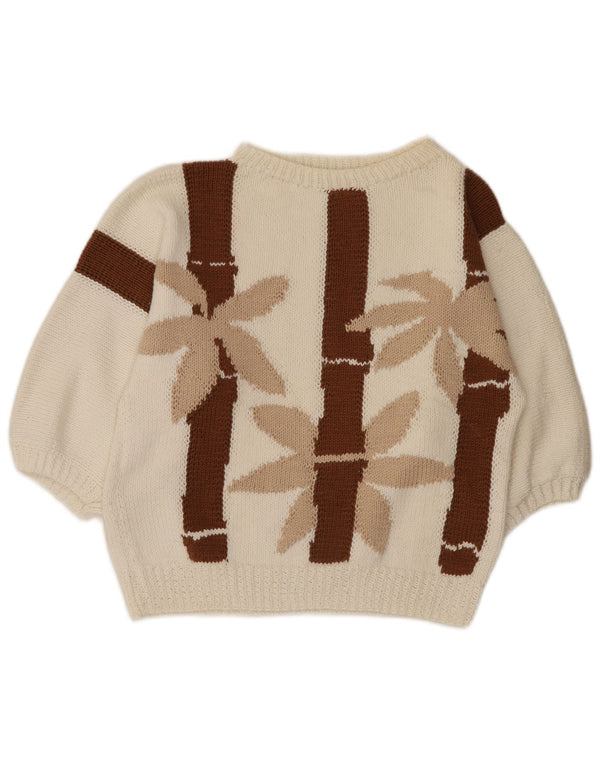 Vintage Damen Pullover mit 3/4-Ärmeln und U-Boot-Ausschnitt, Gr. 10, klein, weiß geblümt