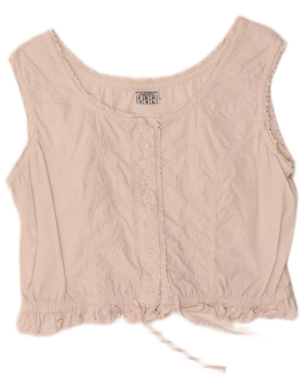 Vintage Womens Sleeveless Crop Top UK 14 Medium White Floral Cotton