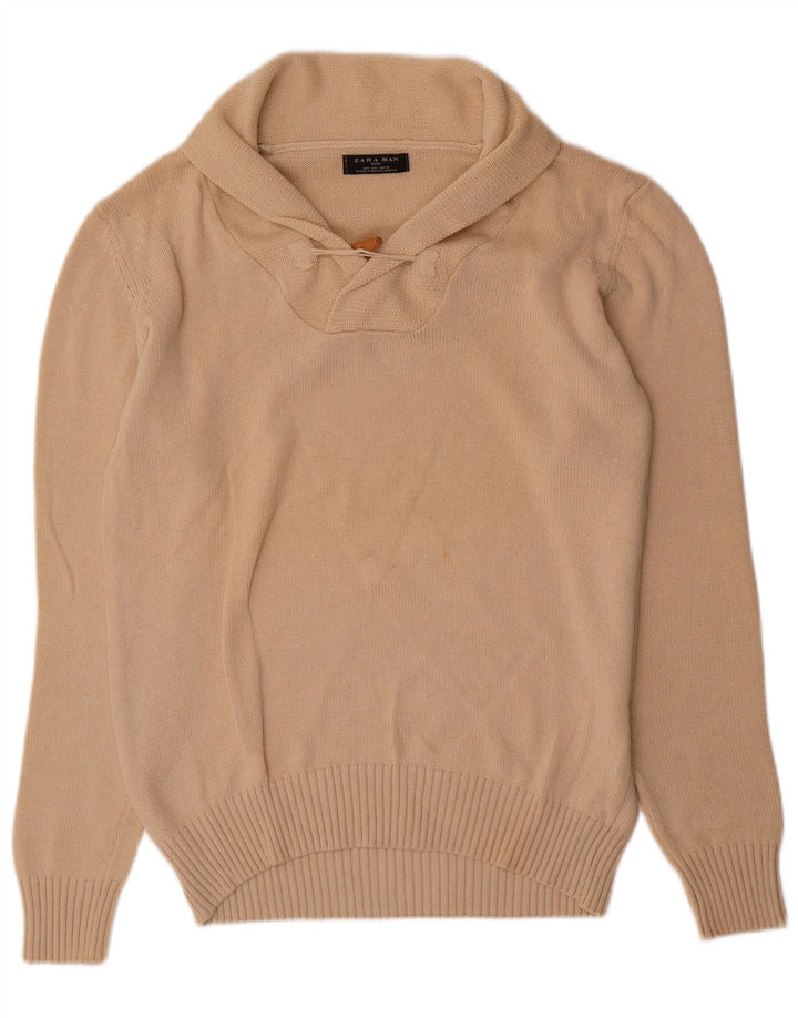 Zara Herren-Pullover mit Schalkragen, groß, beige Baumwolle
