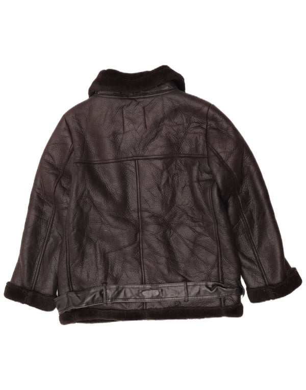 Zara Damen Kunstleder-Sherpa-Jacke UK 14 Mittelschwarzes Polyurethan