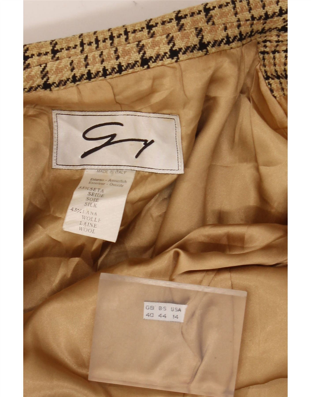 GENNY Damen 2-Knopf-Blazerjacke US 14 XL Beige karierte Seide