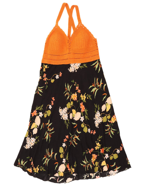 Vintage Damen Neckholder-Kleid UK 12 Medium Schwarz geblümt