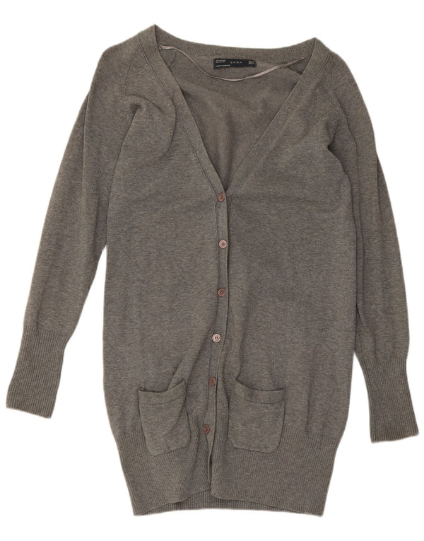 Zara Damen Longline-Cardigan-Pullover UK 12 Mittelgraue Baumwolle