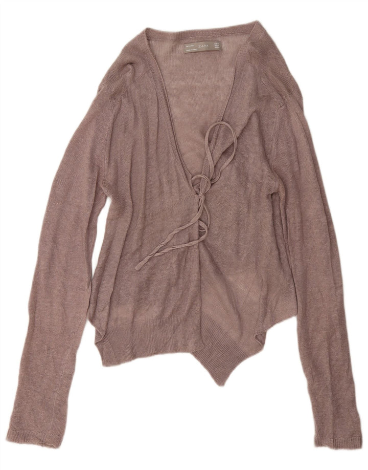 Zara Damen Crop Cardigan Pullover UK 12 Mittelbraunes Leinen