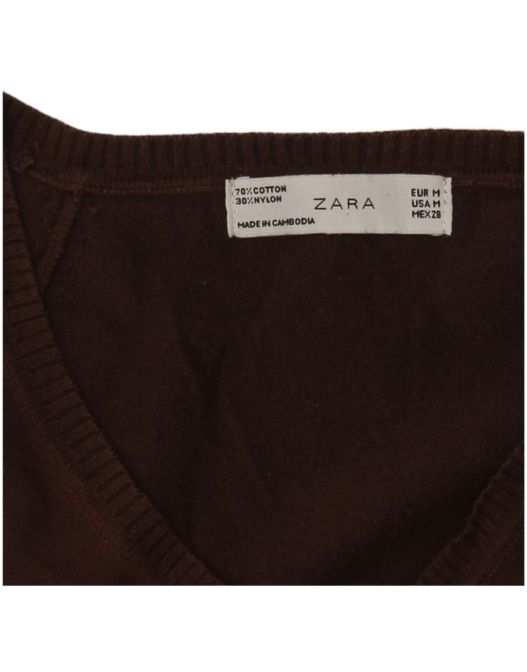 Zara Damen-Pullover mit V-Ausschnitt, UK 12, mittelbraune Baumwolle