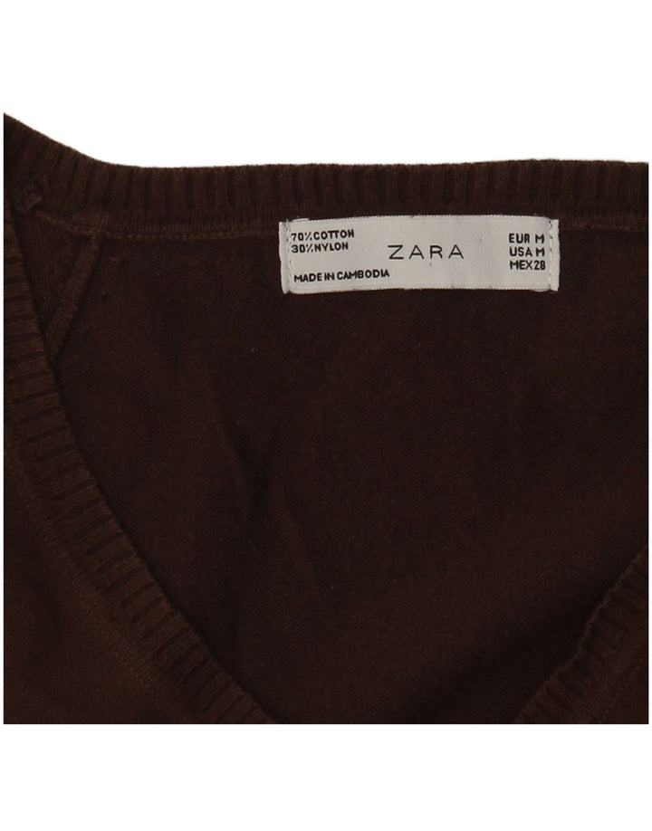 Zara Damen-Pullover mit V-Ausschnitt, UK 12, mittelbraune Baumwolle