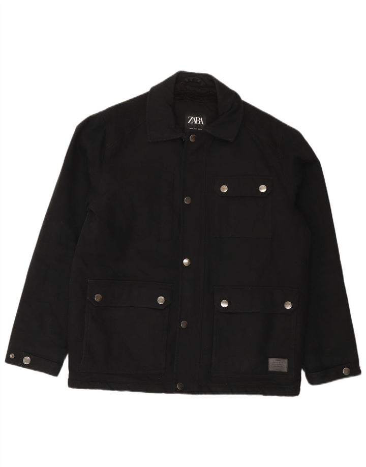 Zara Herren-Utility-Jacke UK 38 Mittelschwarze Baumwolle