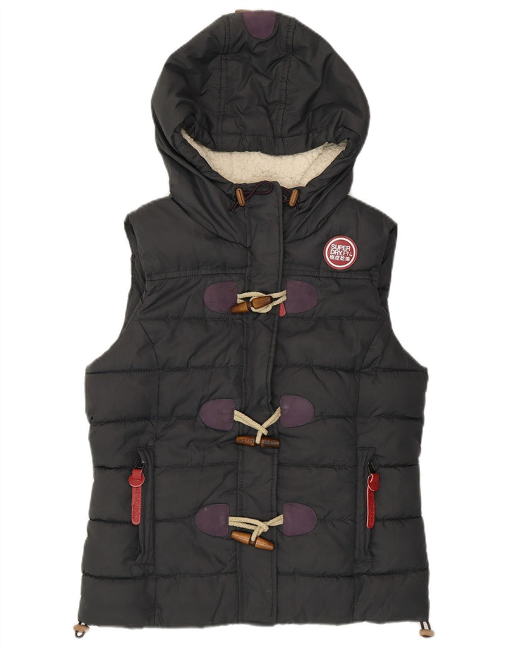 SUPERDRY Wattierte Damenweste mit Kapuze, UK 14, mittelgraues Polyester