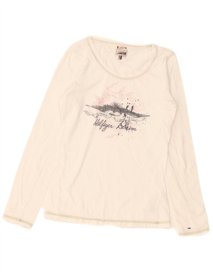 Tommy Hilfiger Womens Graphic Top Langarm UK 12 Mittelweiße Baumwolle