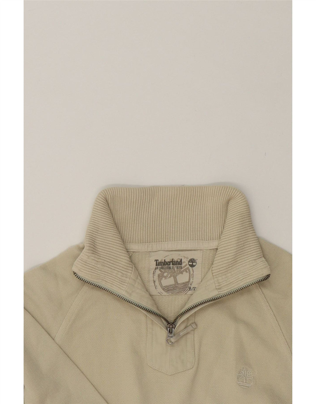 TIMBERLAND Mens Tall Zip Neck Sweatshirt Jumper Small Beige Cotton Vintage Timberland and Second-Hand Timberland from Messina Hembry 