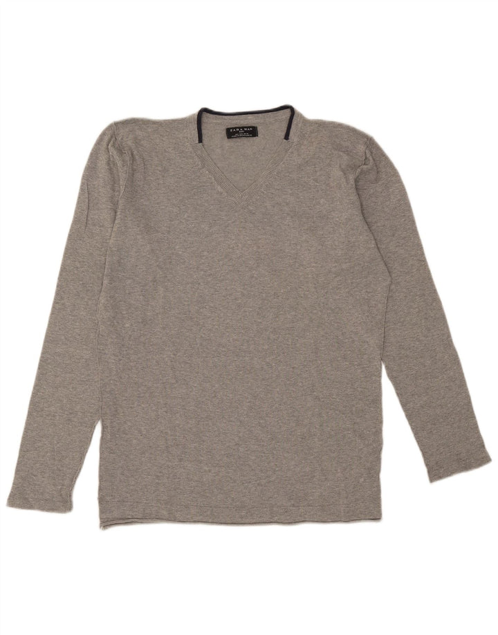 Zara Herren-Pullover mit V-Ausschnitt, groß, graue Baumwolle