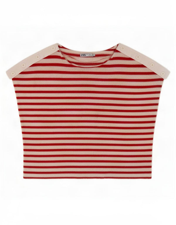 Zara Damen-Pullover mit bauchfreiem U-Boot-Ausschnitt, UK 16, Größe L, rot gestreift