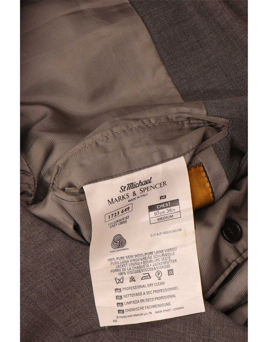 Marks & Spencer Herren-Blazer mit 3 Knöpfen, UK 38, mittelgraue Schurwolle