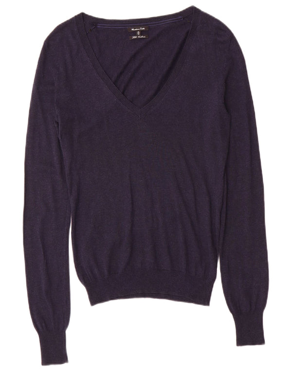 Massimo Dutti Damen-Pullover mit V-Ausschnitt, UK 12, mittelmarineblaue Seide