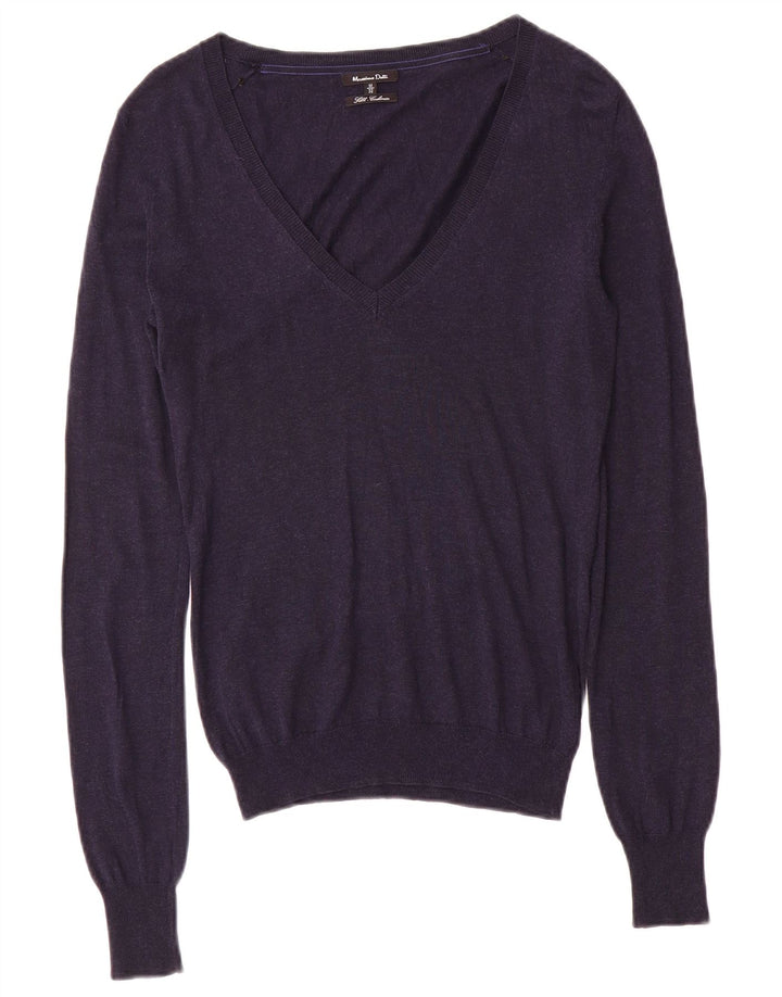 Massimo Dutti Damen-Pullover mit V-Ausschnitt, UK 12, mittelmarineblaue Seide