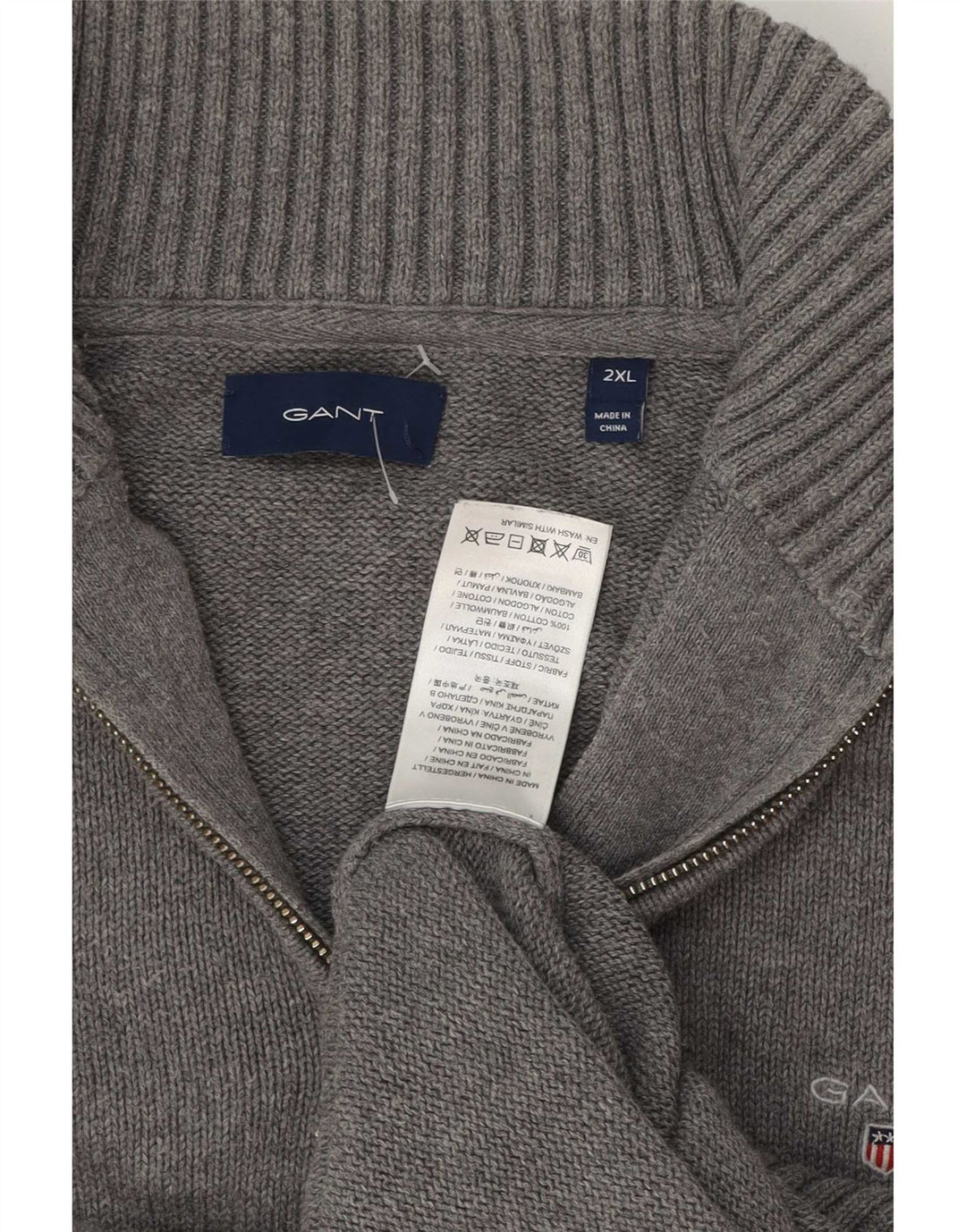 Gant Herren-Pullover mit Reißverschluss am Hals, 2XL, graue Baumwolle