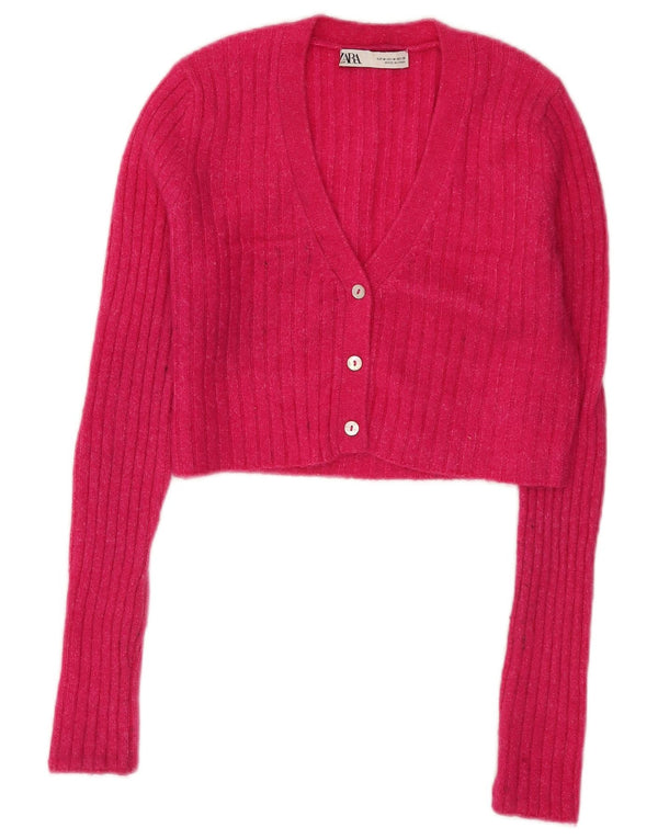 Zara Damen Crop Cardigan Pullover UK 12 Mittelrosa Nylon