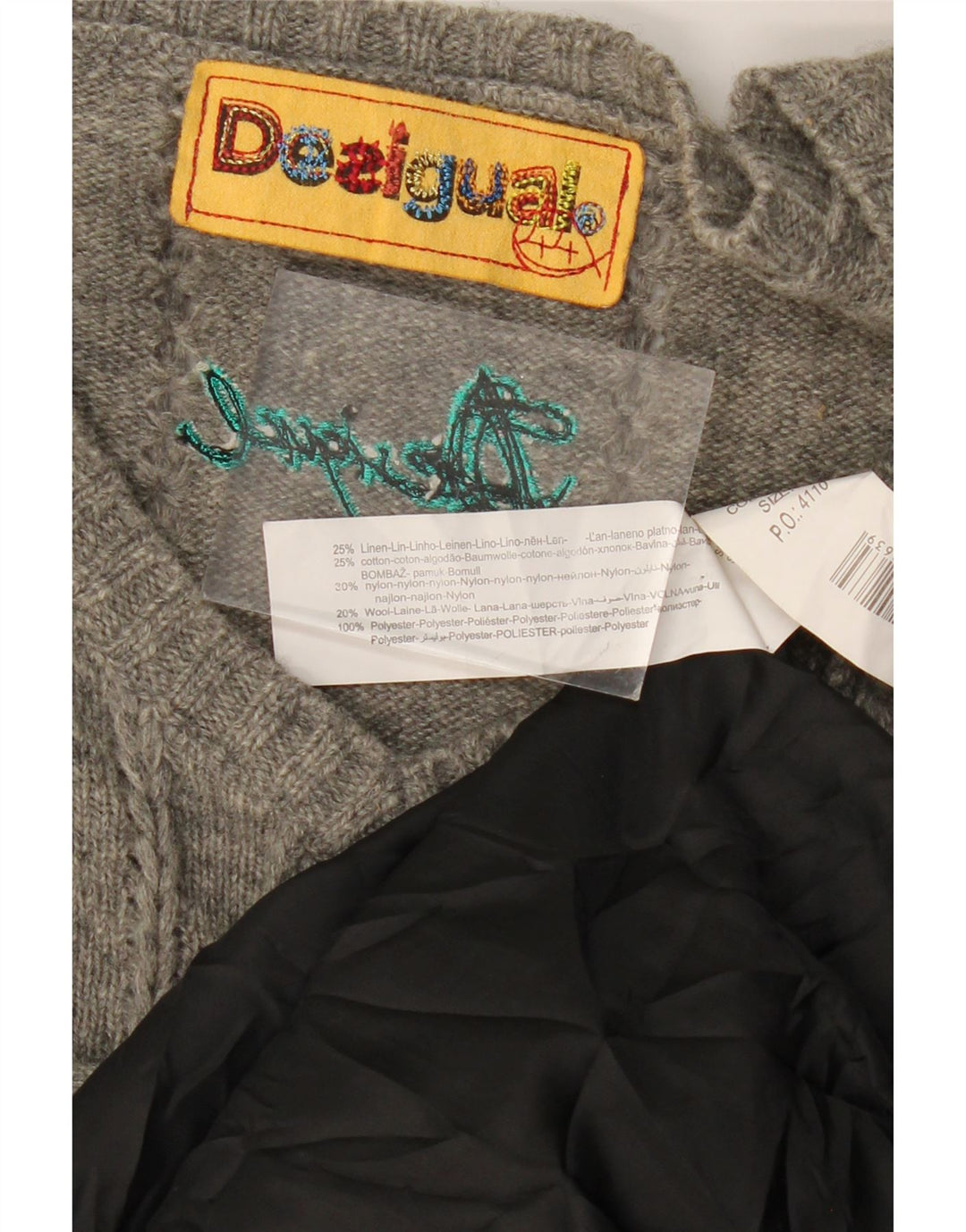 DESIGUAL Damen Langarm-Pulloverkleid EU 44 XL Graues Patchwork-Leinen