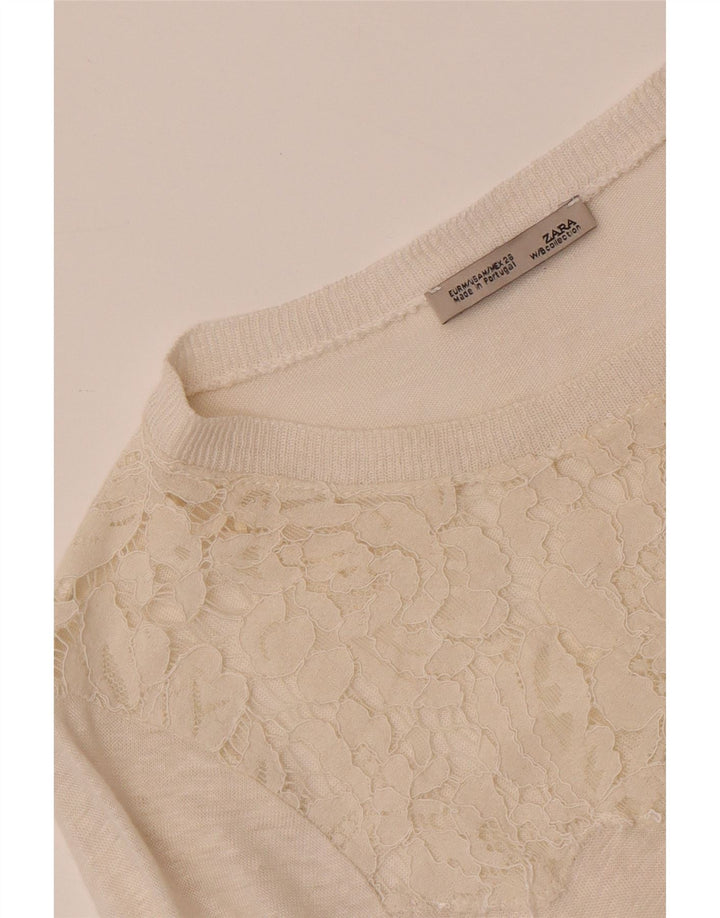 Zara Damen Top Langarm UK 12 Medium Off White Floral